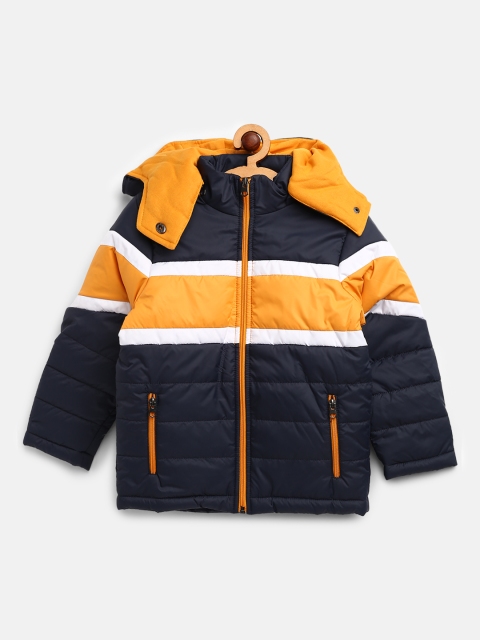 

Little Marco Boys Navy Blue & Mustard Yellow Striped Hooded Padded Jacket