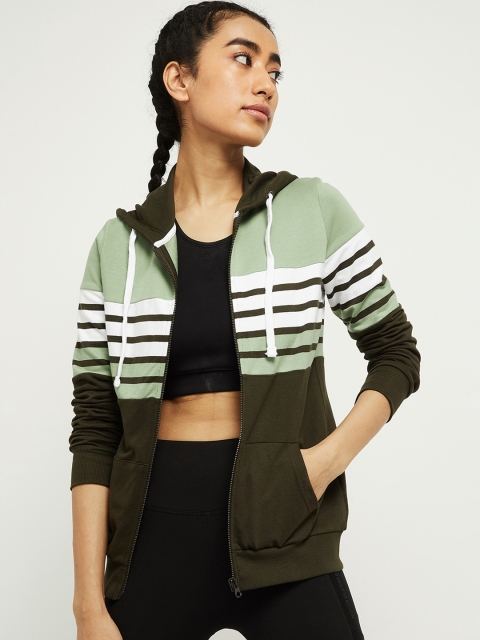 

max Women Olive Green & White Striped Bomber Jacket