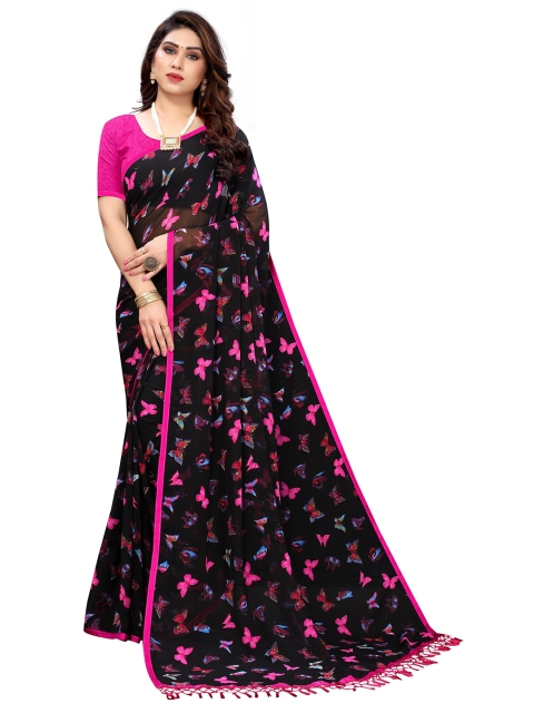 

KALINI Black & Pink Butterfly Printed Pure Georgette Saree