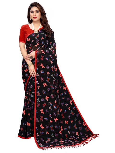 

KALINI Black & Red Butterfly Printed Pure Georgette Saree