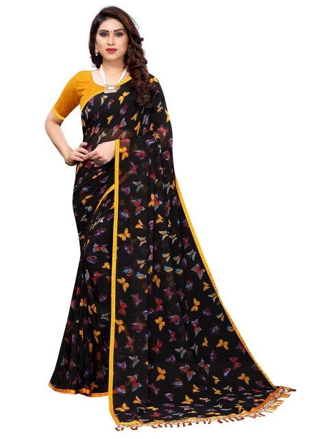 

KALINI Black & Yellow Butterfly Printed Pure Georgette Saree