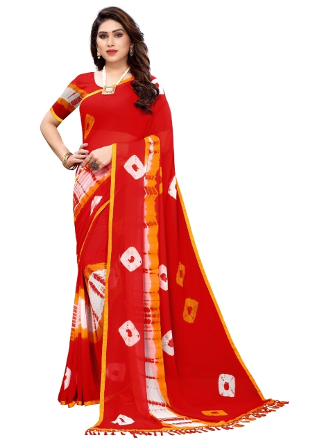 

KALINI Red & White Bandhani Printed Pure Georgette Saree