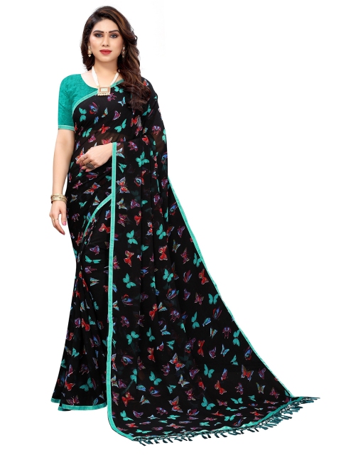 

KALINI Black & Sea Green Butterfly Printed Pure Georgette Saree