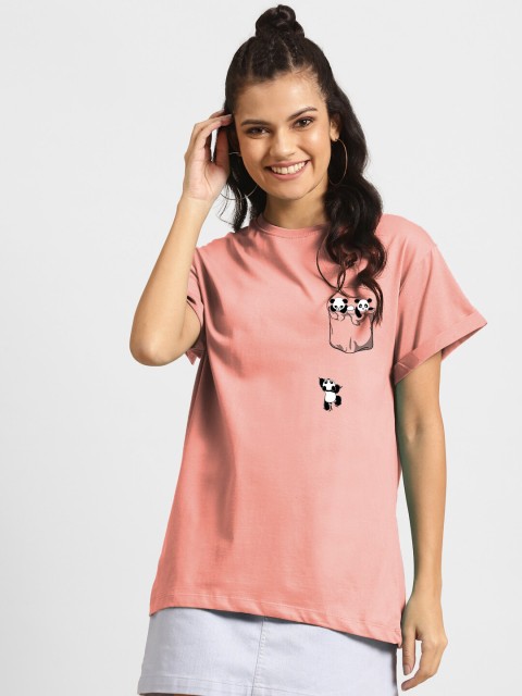 

Bewakoof Women Pink & Black Printed Loose T-shirt