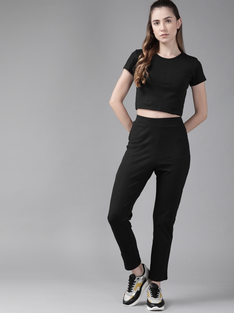 

Roadster Women Black Ribbed Knit Co-Ords Set