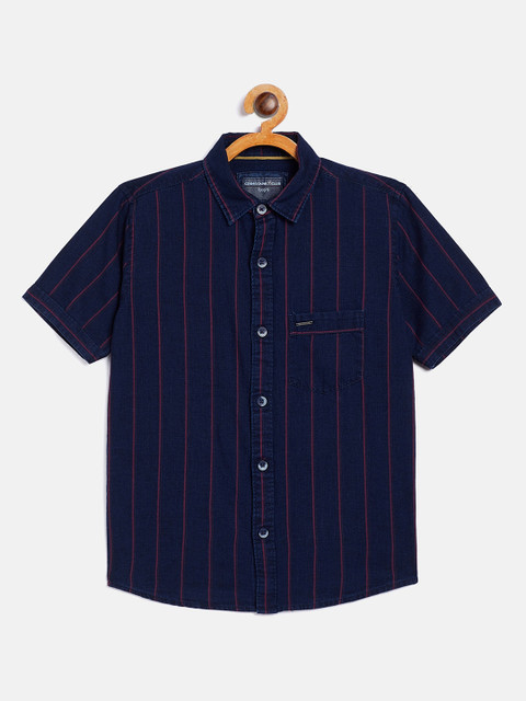 

Crimsoune Club Boys Navy Blue & Red Opaque Striped Casual Shirt