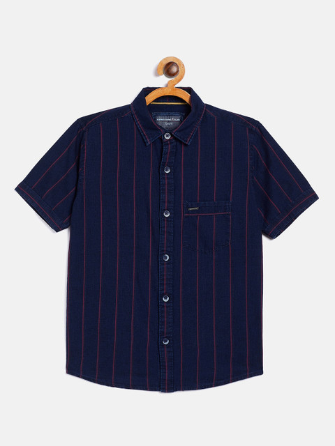 

Crimsoune Club Boys Navy Blue Opaque Striped Casual Shirt