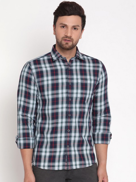 

METTLE Men Blue & White Opaque Tartan Checked Casual Shirt
