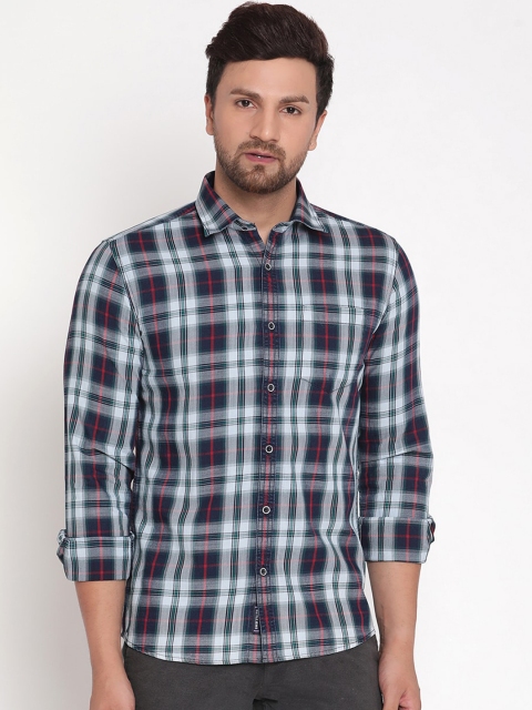 

METTLE Men Blue & White Opaque Tartan Checked Casual Shirt
