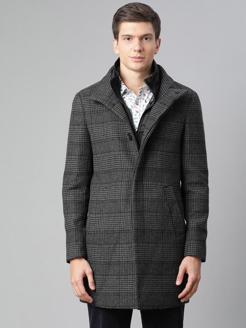

Matinique Men Grey Checked Single-Breasted Collar Coat