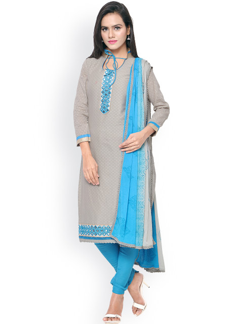 

Saree mall Grey & Blue Patterned & Embellished Cambric Cotton Unstitched Dress Material