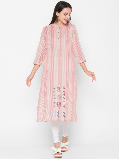 

ZOLA Women Peach-Coloured & Beige Striped Straight Kurta