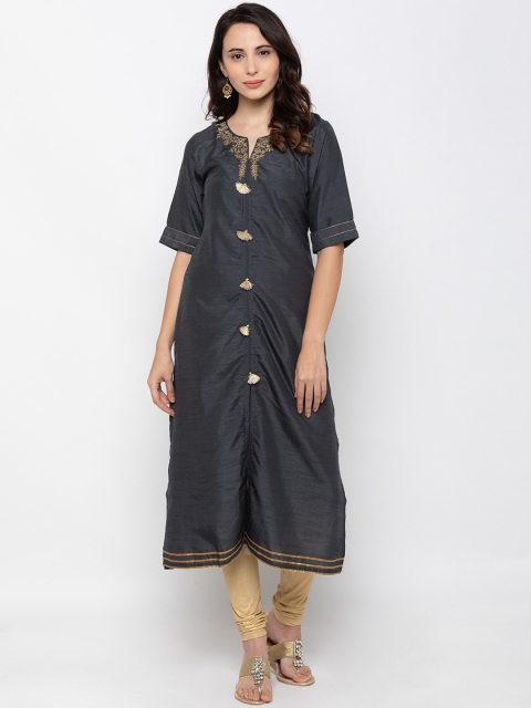 

ZOLA Women Black Thread Work Art Silk Straight Kurta