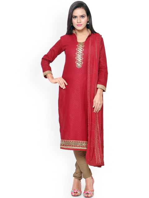 

Saree mall Maroon & Brown Patterned & Embellished Cambric Cotton Unstitched Dress Material