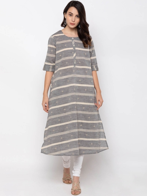 

ZOLA Women Grey & Off White Striped A Line Kurta