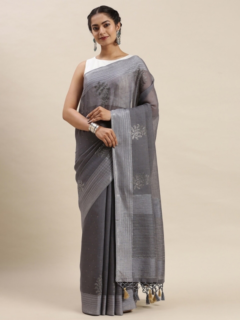 

Soch Grey & Silver-Toned Floral Silk Blend Saree