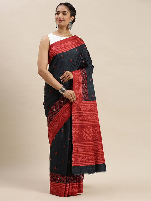 

Soch Women Navy Blue & Red Silk Blend Printed & Embroidered Saree