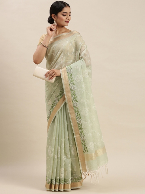 

Soch Women Green & Beige Pure Cotton Floral Embroidered Saree