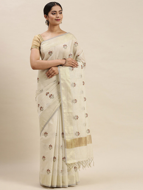 

Soch Women Cream-Coloured Pure Cotton Floral Embroidered Saree