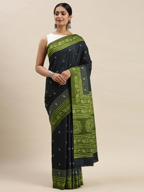 

Soch Women Navy Blue & Green Silk Blend Printed & Embroidered Saree