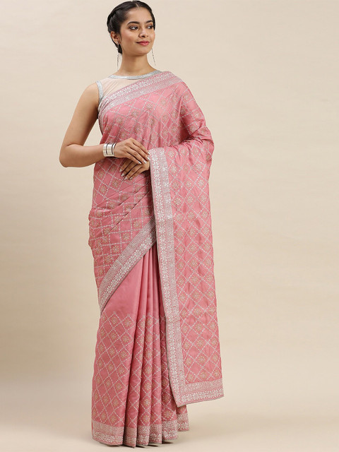

Soch Women Pink & Silver-Toned Silk Blend Ethnic Motif Embroidered Saree