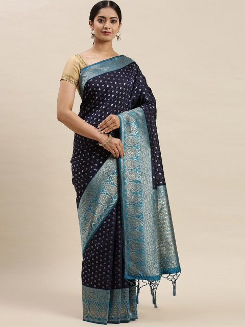 

Soch Navy Blue & Turquoise Blue Ethnic Motifs Silk Blend Banarasi Saree