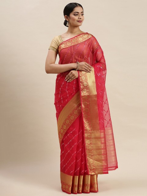 

Soch Pink & Gold-Toned Poly Georgette Embellished & Woven Designed Saree