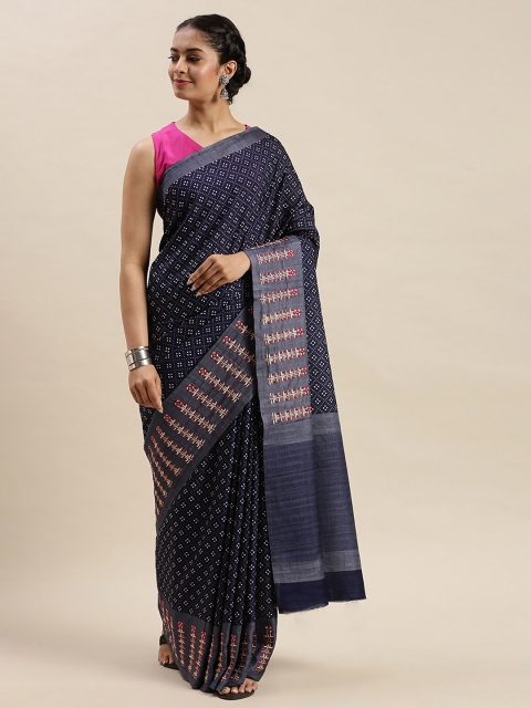 

Soch Women Navy Blue & White Silk Blend Geometric Printed & Embroidered Saree