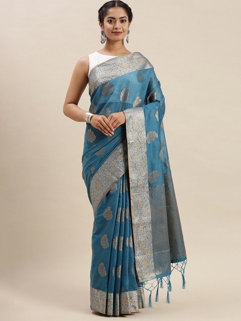 

Soch Women Blue & Silver-Toned Silk Blend Floral Woven Designed Saree