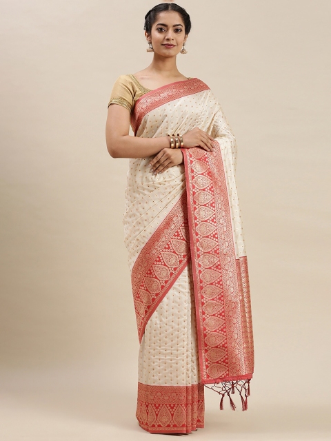 

Soch Women Cream-Coloured & Red Silk Blend Woven Designed Banarasi Saree