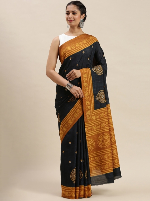 

Soch Navy Blue & Mustard Yellow Silk Blend Printed & Embroidered Saree
