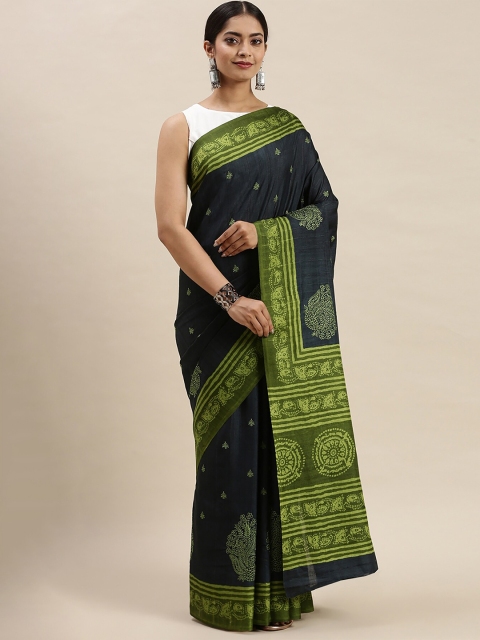 

Soch Women Navy Blue & Green Silk Blend Printed & Embroidered Saree