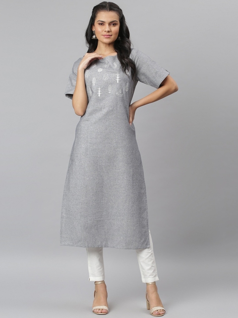 

JAIPUR ATTIRE Women Grey & White Ethnic Motifs Embroidered Thread Work Kurta