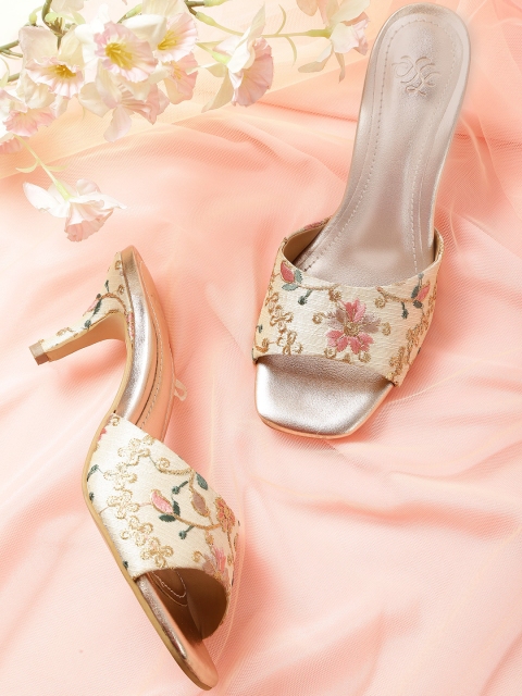 

House of Pataudi Cream-Coloured & Pink Embroidered Handcrafted Slim Heels