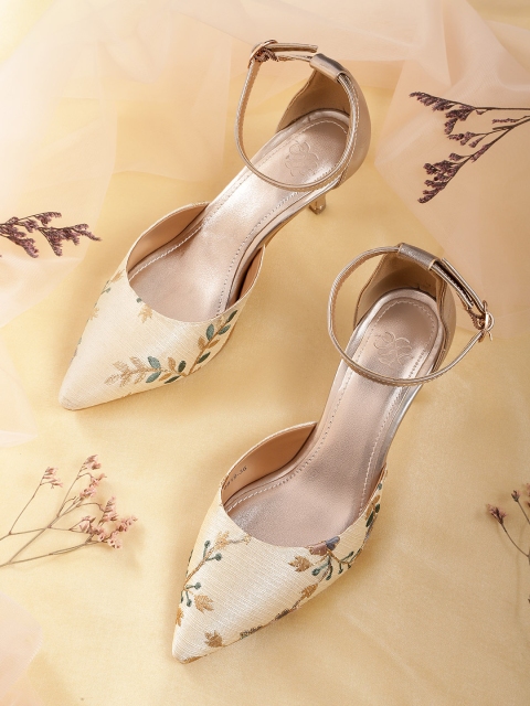 

House of Pataudi Cream-Coloured & Grey Embroidered Handcrafted Heeled Mules