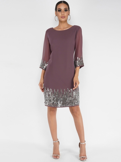 

ATTIC SALT Women Purple & Silver-Toned Sequinned Georgette A-Line Dress