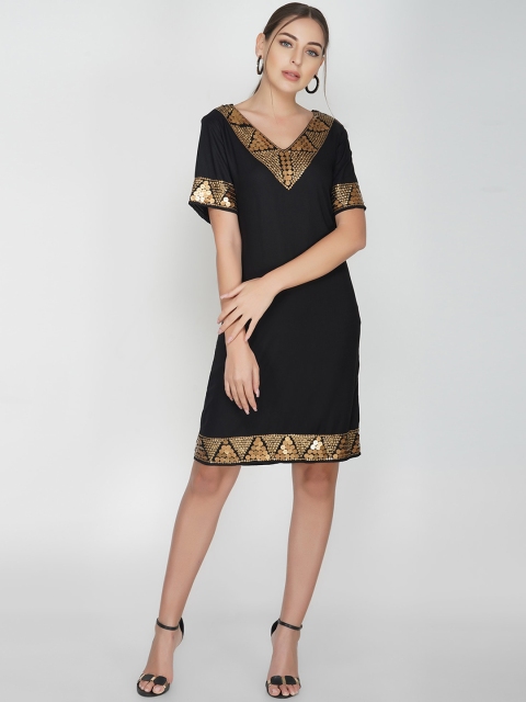 

ATTIC SALT Women Black & Gold-Toned Embellished Border A-Line Dress