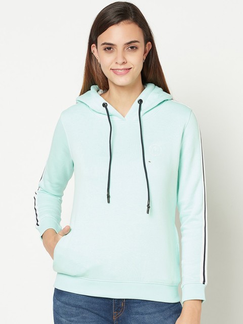 

METTLE Women Green Solid Hooded Fleece Sweatshirt