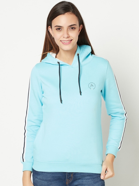 

METTLE Women Blue Solid Hooded Fleece Sweatshirt