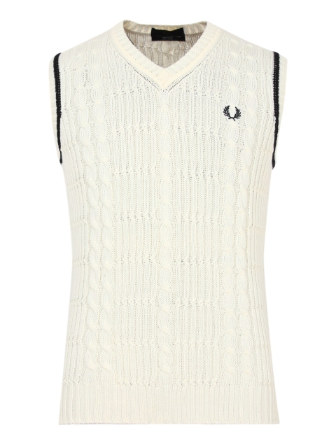 

Fred Perry Men Cream-Coloured Self Designed Sweater Vest