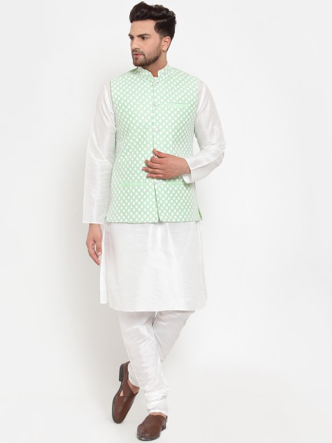 

KRAFT INDIA Men White & Green Angrakha Dupion Silk Kurta Set with Nehru Jacket