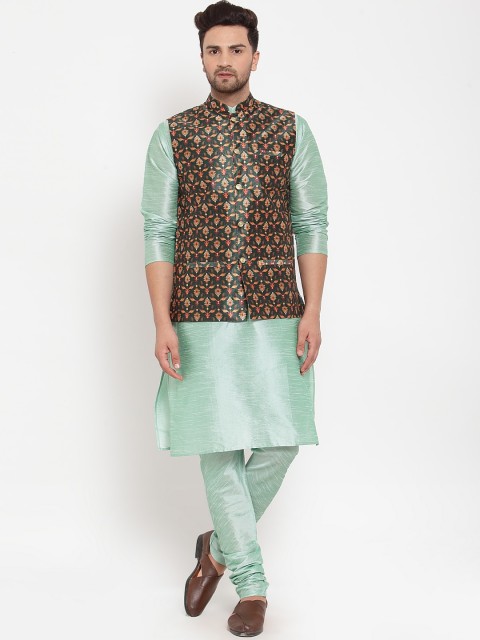 

KRAFT INDIA Men Sea Green Ethnic Motifs Printed Kurta with Churidar & Nehru Jacket