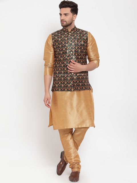 

KRAFT INDIA Men Gold-Toned Regular Dupion Silk Kurta with Churidar & Printed Nehru Jacket