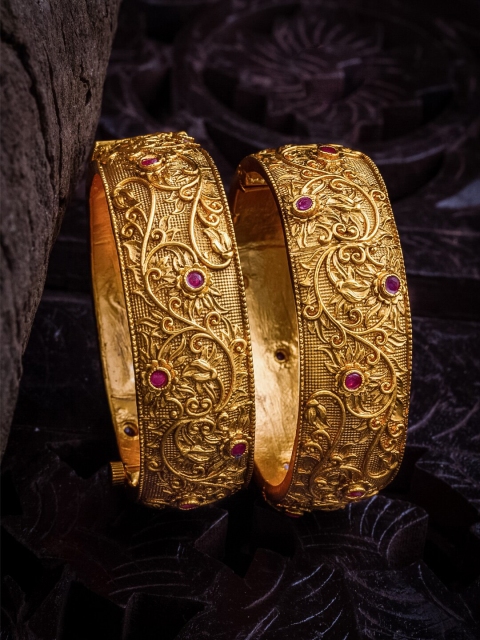 

Alankruthi Set Of 2 Gold-Plated Pink Stone-Studded Handcrafted Temple Bangles