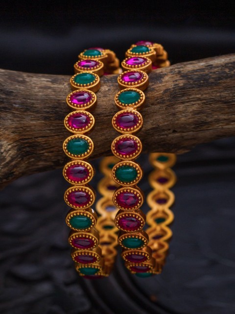 

Alankruthi Set Of 2 Gold-Plated Pink & Green Stone-Studded Temple Bangles