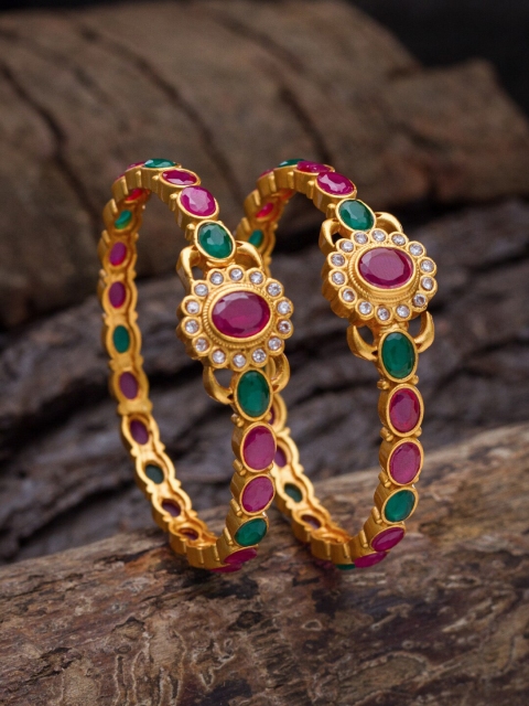 

Alankruthi Set Of 2 Gold-Plated Magenta Pink & Green Stone-Studded Handcrafted Temple Bangles