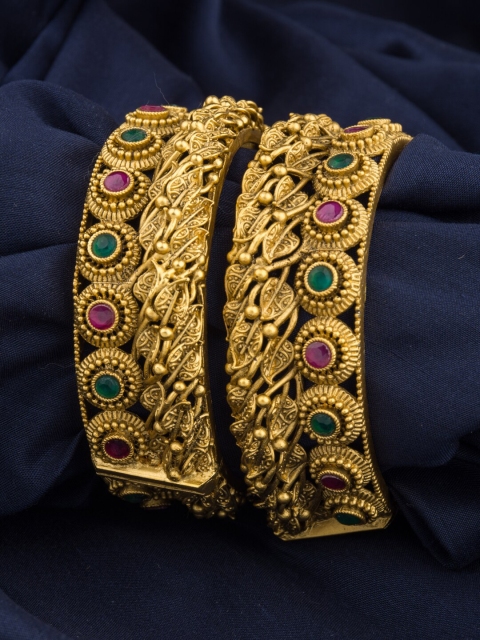 

Alankruthi Set Of 2 Gold-Plated Pink & Green Stone-Studded Temple Bangles