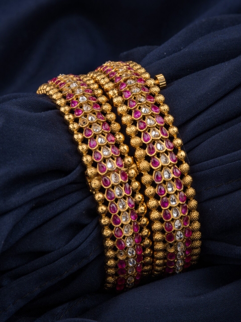 

Alankruthi Set Of 2 Gold-Plated Pink & White Stone-Studded Handcrafted Temple Bangles