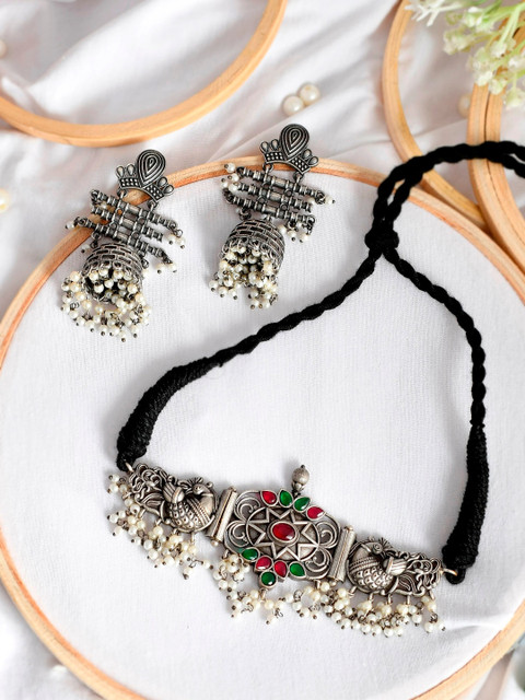 

Infuzze Oxidised Silver-Plated Pink & Green Stone-Studded Beaded Tribal Jewellery Set