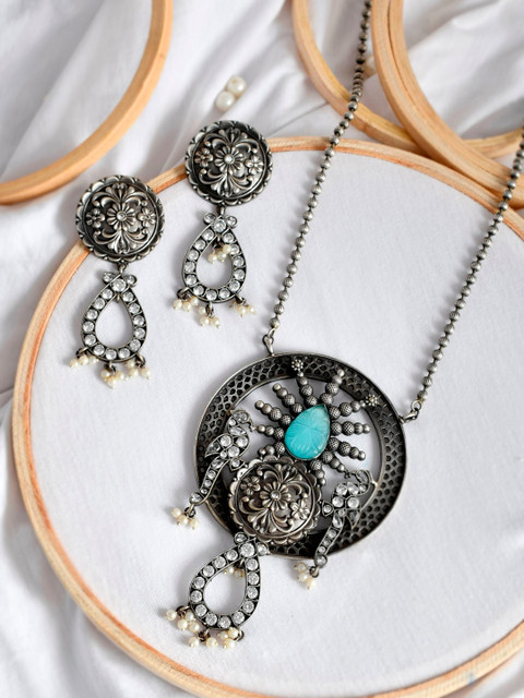 

Infuzze Oxidised Silver-Plated White & Blue Stone-Studded Jewellery Set